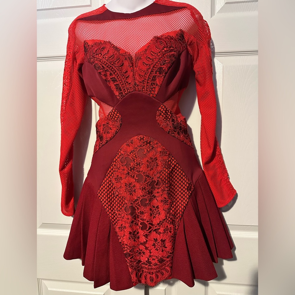 Three Floor deep dark Red side cut out Lace Dress XS 4 long sleeve